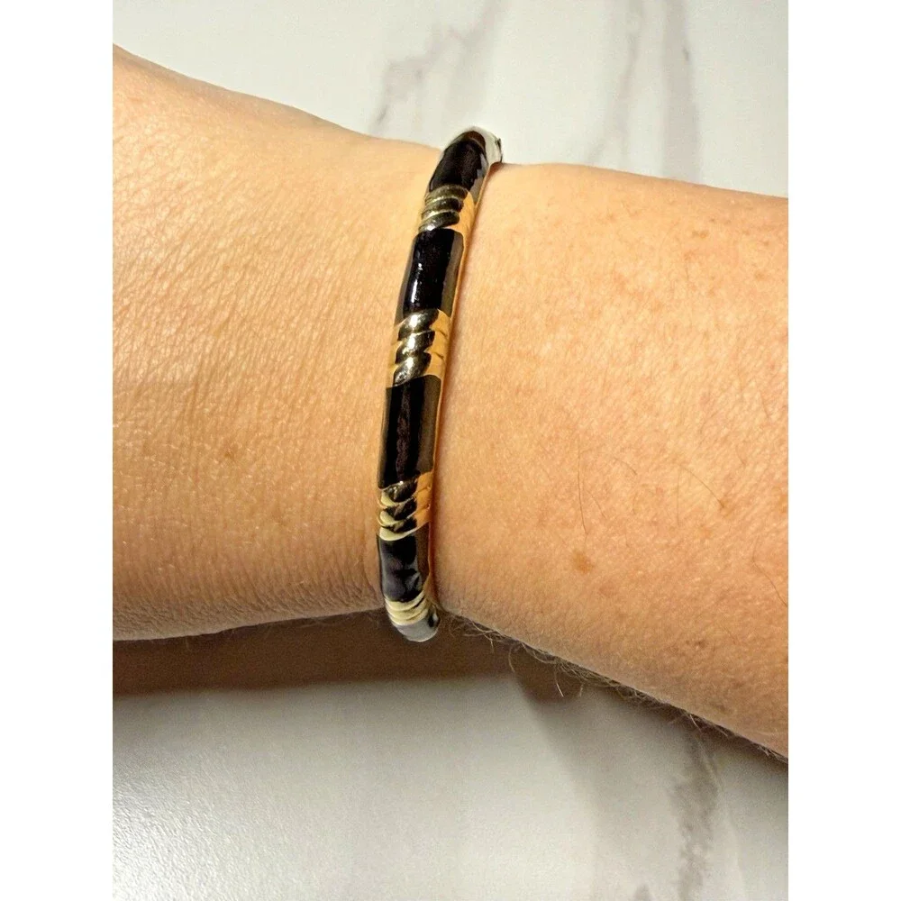 Vintage Black & Gold Toned Hinged Clamper Bangle Bracelet